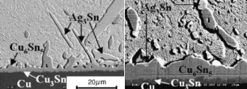 不同老化時間的Cu6Sn5和Ag3Sn結(jié)構(gòu)。左: 24小時；右: 2400小時